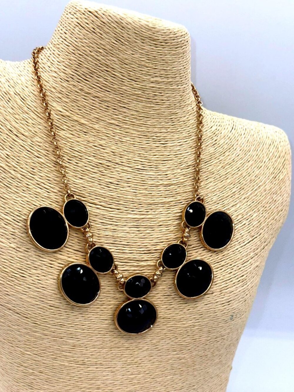 Black Faceted Statement Necklace Gold Tone Oval Stone Bib Necklace
